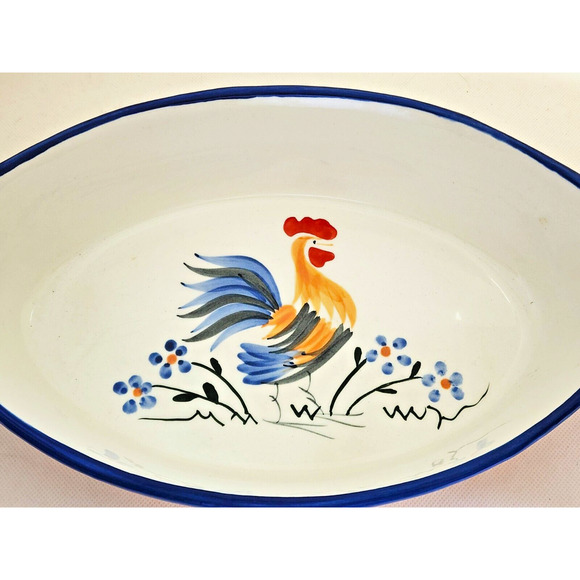 Casserole/Serving/Baking Dish-Rooster-White-Navy Blue-Hand Painted-12" Long - Picture 3 of 12